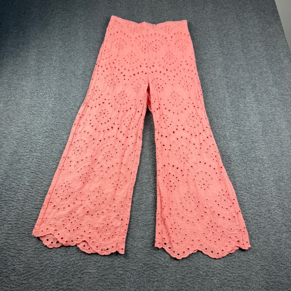 Blue Blush Eyelet Pants Women's Small Pink Wide Leg Scalloped Hem Boho